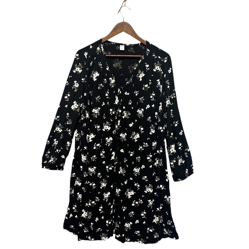 Button Front Mini Dress Floral Women's L Boho Peasant V-neck Cottage Flowy 3/4